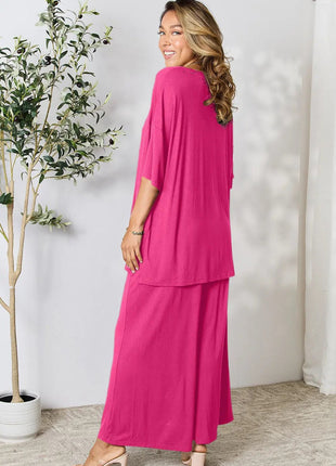 Double Take Full Size Round Neck Slit Top and Pants Set - MimiStylez