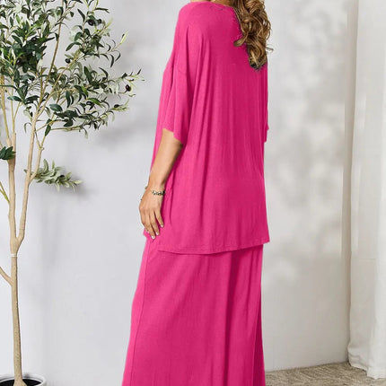 Double Take Full Size Round Neck Slit Top and Pants Set - MimiStylez