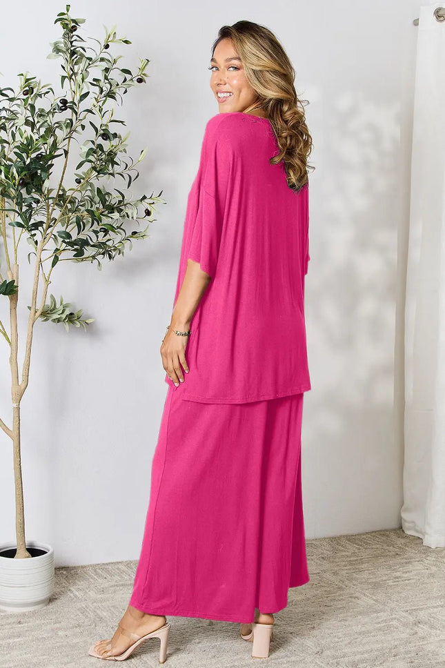 Double Take Full Size Round Neck Slit Top and Pants Set - MimiStylez