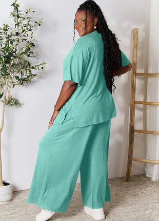 Double Take Full Size Round Neck Slit Top and Pants Set - MimiStylez