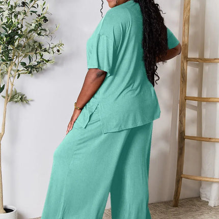 Double Take Full Size Round Neck Slit Top and Pants Set - MimiStylez
