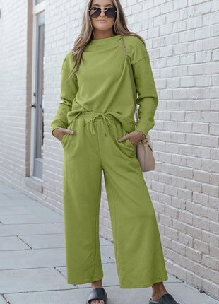 Double Take Full Size Textured Long Sleeve Top and Drawstring Pants Set - MimiStylez