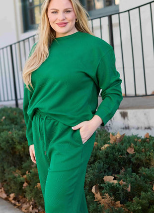 Double Take Full Size Textured Long Sleeve Top and Drawstring Pants Set - MimiStylez