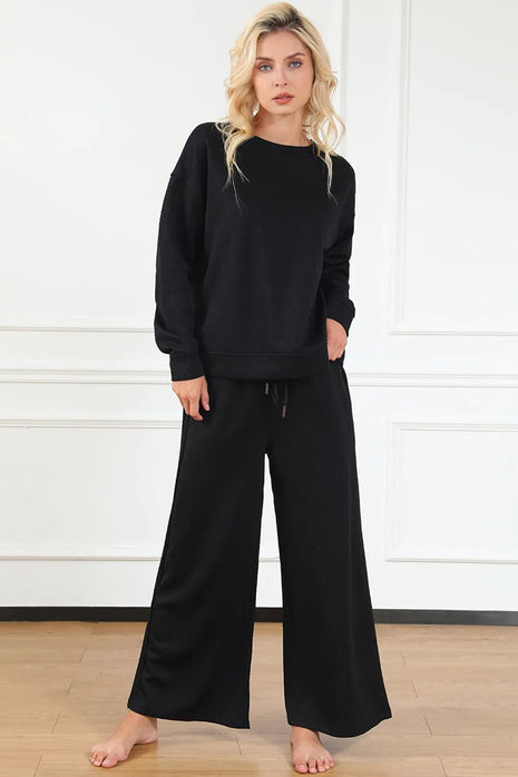 Double Take Full Size Textured Long Sleeve Top and Drawstring Pants Set - MimiStylez
