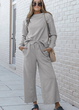 Double Take Full Size Textured Long Sleeve Top and Drawstring Pants Set - MimiStylez