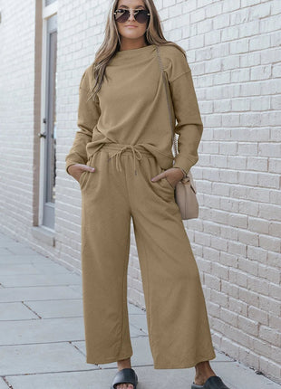 Double Take Full Size Textured Long Sleeve Top and Drawstring Pants Set - MimiStylez