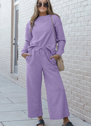 Double Take Full Size Textured Long Sleeve Top and Drawstring Pants Set - MimiStylez