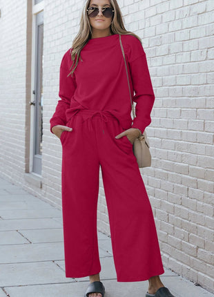 Double Take Full Size Textured Long Sleeve Top and Drawstring Pants Set - MimiStylez