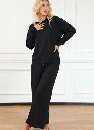 Double Take Full Size Textured Long Sleeve Top and Drawstring Pants Set - MimiStylez