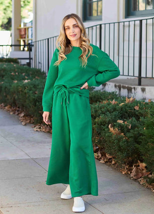Double Take Full Size Textured Long Sleeve Top and Drawstring Pants Set - MimiStylez