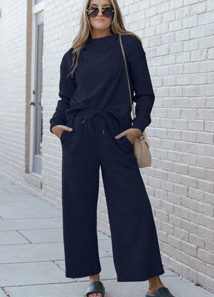 Double Take Full Size Textured Long Sleeve Top and Drawstring Pants Set - MimiStylez