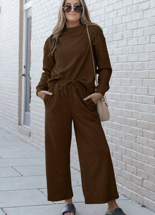 Double Take Full Size Textured Long Sleeve Top and Drawstring Pants Set - MimiStylez