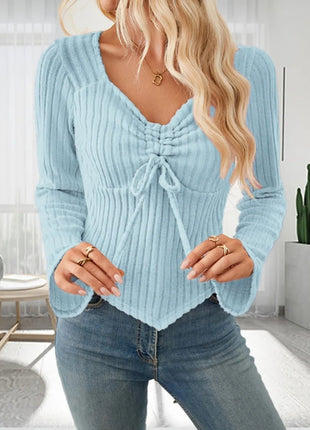 Drawstring Ruched Long Sleeve Ribbed Top - MimiStylez