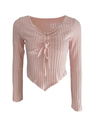 Drawstring Ruched Long Sleeve Ribbed Top - MimiStylez