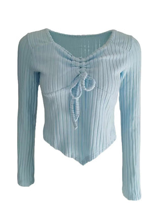 Drawstring Ruched Long Sleeve Ribbed Top - MimiStylez