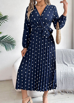 Tied Polka Dot Long Sleeve Midi Dress - MimiStylez