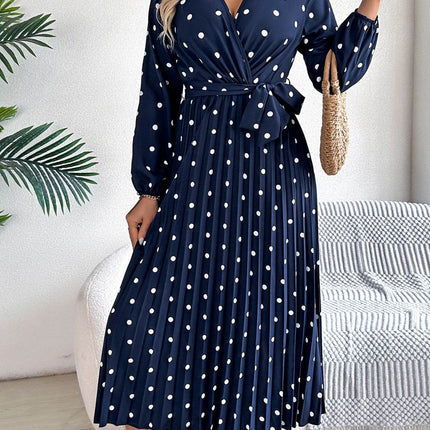 Tied Polka Dot Long Sleeve Midi Dress - MimiStylez
