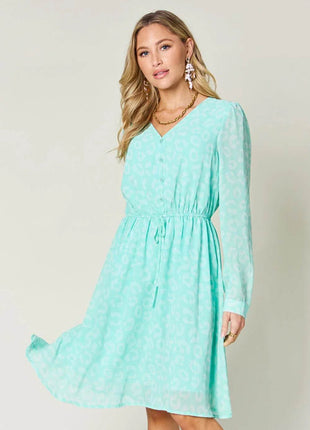 Double Take Full Size Printed Ruched V-Neck Long Sleeve Dress - MimiStylez