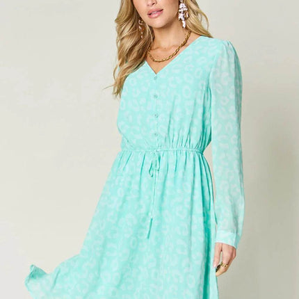 Double Take Full Size Printed Ruched V-Neck Long Sleeve Dress - MimiStylez