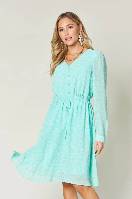 Double Take Full Size Printed Ruched V-Neck Long Sleeve Dress - MimiStylez