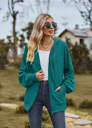 Zip Up Drawstring Long Sleeve Hooded Jacket - MimiStylez