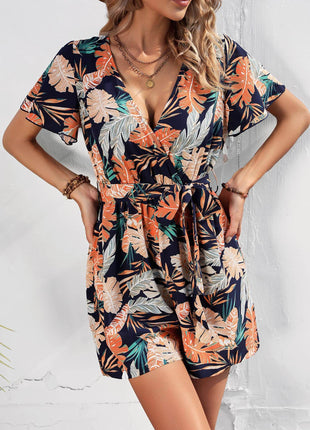 Botanical Print Surplice Neck Tie Waist Romper - MimiStylez