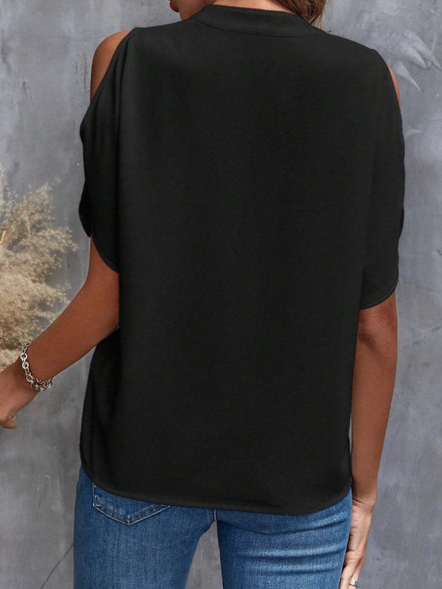 Notched Cold Shoulder Blouse - MimiStylez