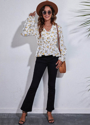Floral V-Neck Balloon Sleeve Peplum Blouse - MimiStylez