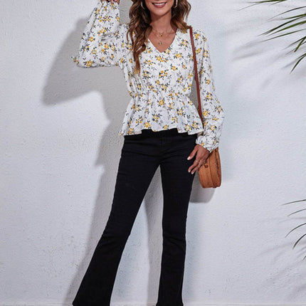 Floral V-Neck Balloon Sleeve Peplum Blouse - MimiStylez