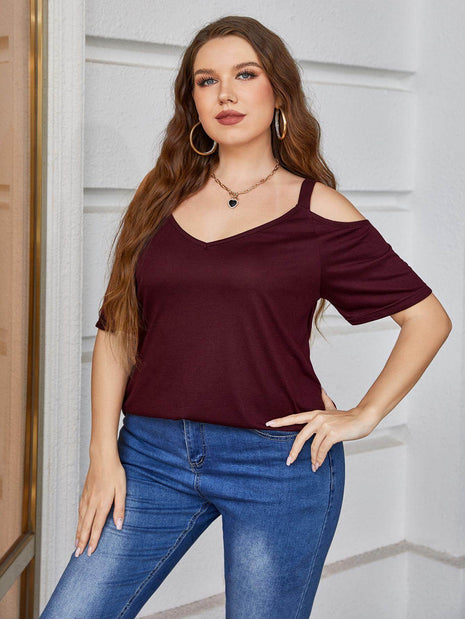 Plus Size V-Neck Cold-Shoulder Blouse - MimiStylez