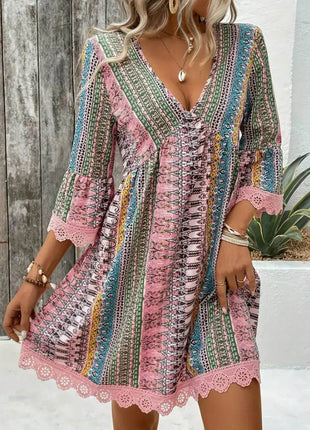 Lace Trim Printed V-Neck 3/4 Sleeve Dress - MimiStylez