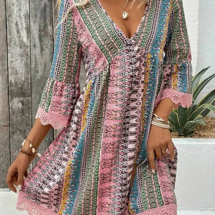 Lace Trim Printed V-Neck 3/4 Sleeve Dress - MimiStylez