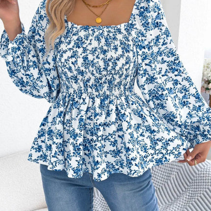 Floral Square Neck Flounce Sleeve Blouse - MimiStylez