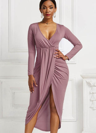 High-low Ruched Surplice Long Sleeve Dress - MimiStylez