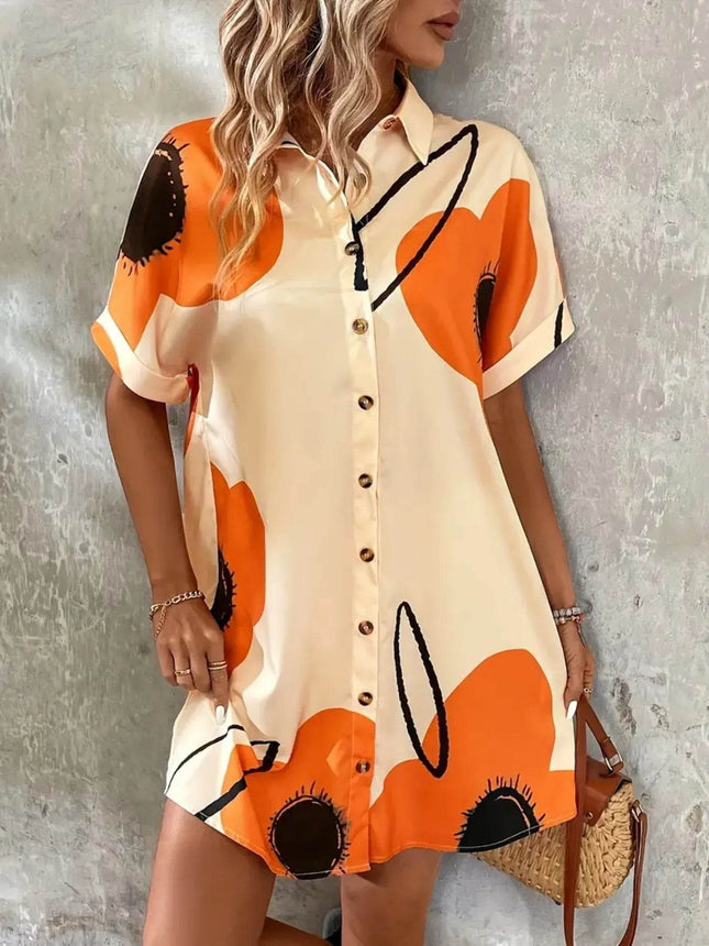 Printed Button-Front Shirt Dress - MimiStylez