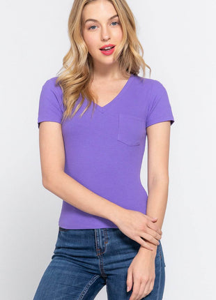 ACTIVE BASIC V-Neck Ribbed Short Sleeve Knit T-Shirt - MimiStylez