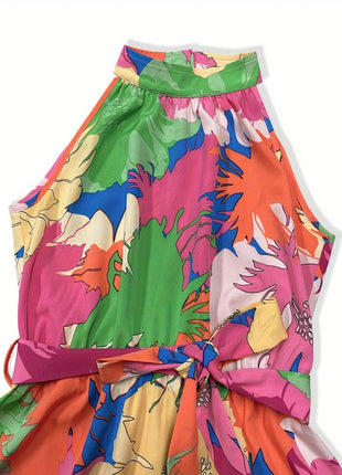 Tied Printed Mock Neck Sleeveless Dress - MimiStylez