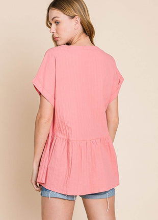 Cotton Bleu by Nu Label Notched Short Sleeve Peplum Top - MimiStylez