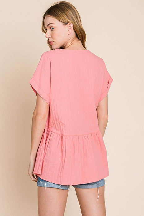Cotton Bleu by Nu Label Notched Short Sleeve Peplum Top - MimiStylez