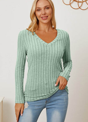Basic Bae Full Size Ribbed V-Neck Long Sleeve T-Shirt - MimiStylez