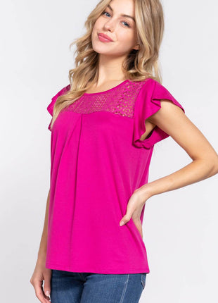 ACTIVE BASIC Ruffle Short Sleeve Lace Detail Knit Top - MimiStylez