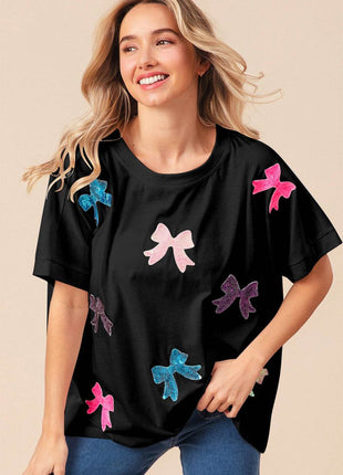 BiBi Sequin Bow Patch Short Sleeve T-Shirt - MimiStylez