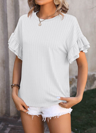 Ruffled Round Neck Short Sleeve Blouse - MimiStylez