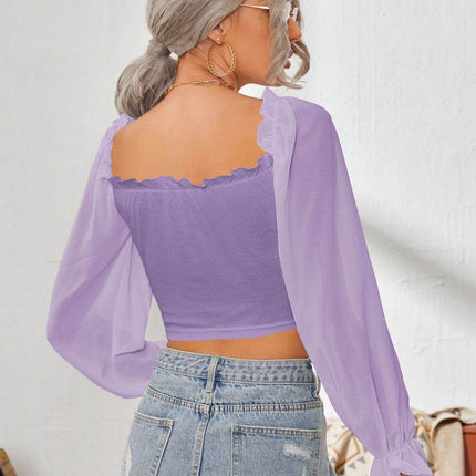 Mesh Sweetheart Neck Flounce Sleeve Top - MimiStylez