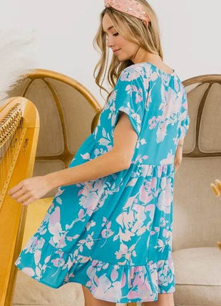 BiBi Floral Crinkle Shirred Ruffle Detail V Neck Dress - MimiStylez