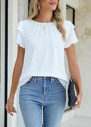 Women's Ruffle Short Sleeve Shirts Dressy Casual Crewneck Top - MimiStylez
