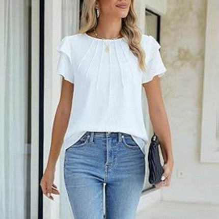 Women's Ruffle Short Sleeve Shirts Dressy Casual Crewneck Top - MimiStylez