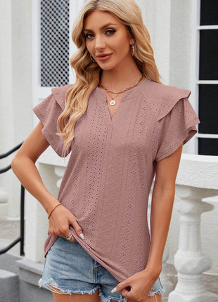 Eyelet Notched Flutter Sleeve T-Shirt - MimiStylez