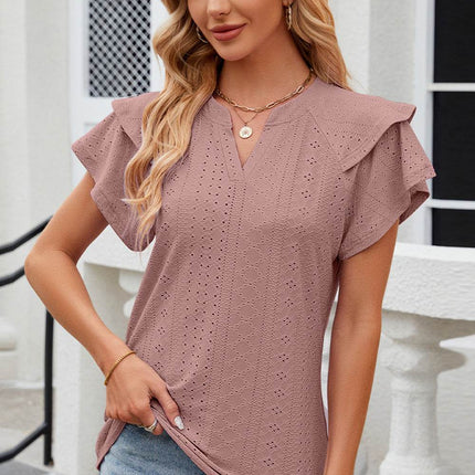 Eyelet Notched Flutter Sleeve T-Shirt - MimiStylez