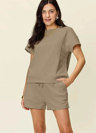 Double Take Full Size Texture Short Sleeve T-Shirt and Drawstring Shorts Set - MimiStylez
